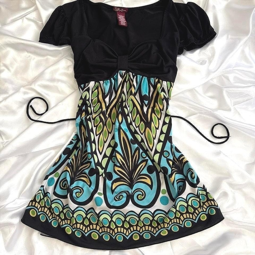 Miss Bisou Women L Black Multi Color Paisley Print Empire Waist Bow Tunic Top